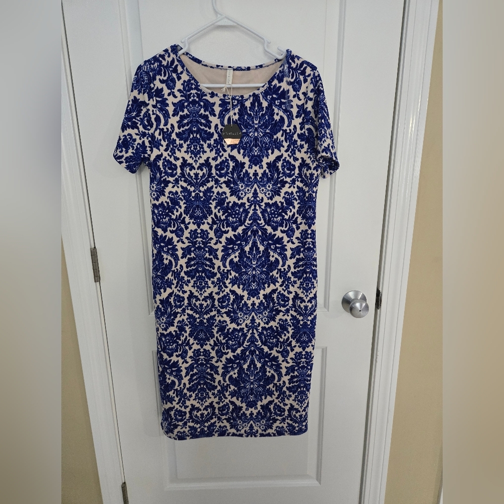 PinkBlush Maternity Blue Damask Print Sheath Dress Above Knee Short Slee…